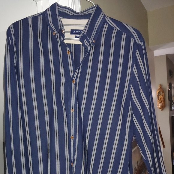 Zara Mens Size Large  Navy/White Striped 99%  Very Soft Cotton Slim fit… - Picture 1 of 8